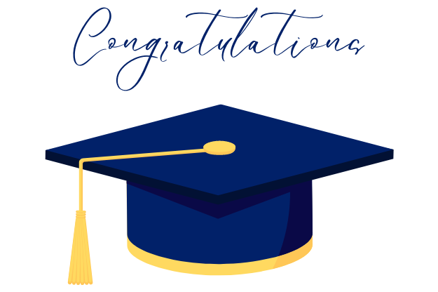 A graphic of a Duke blue graduation cap with a gold tassel, all on a white background. Above, Duke blue cursive text reads &quot;Congratulations.&quot;
